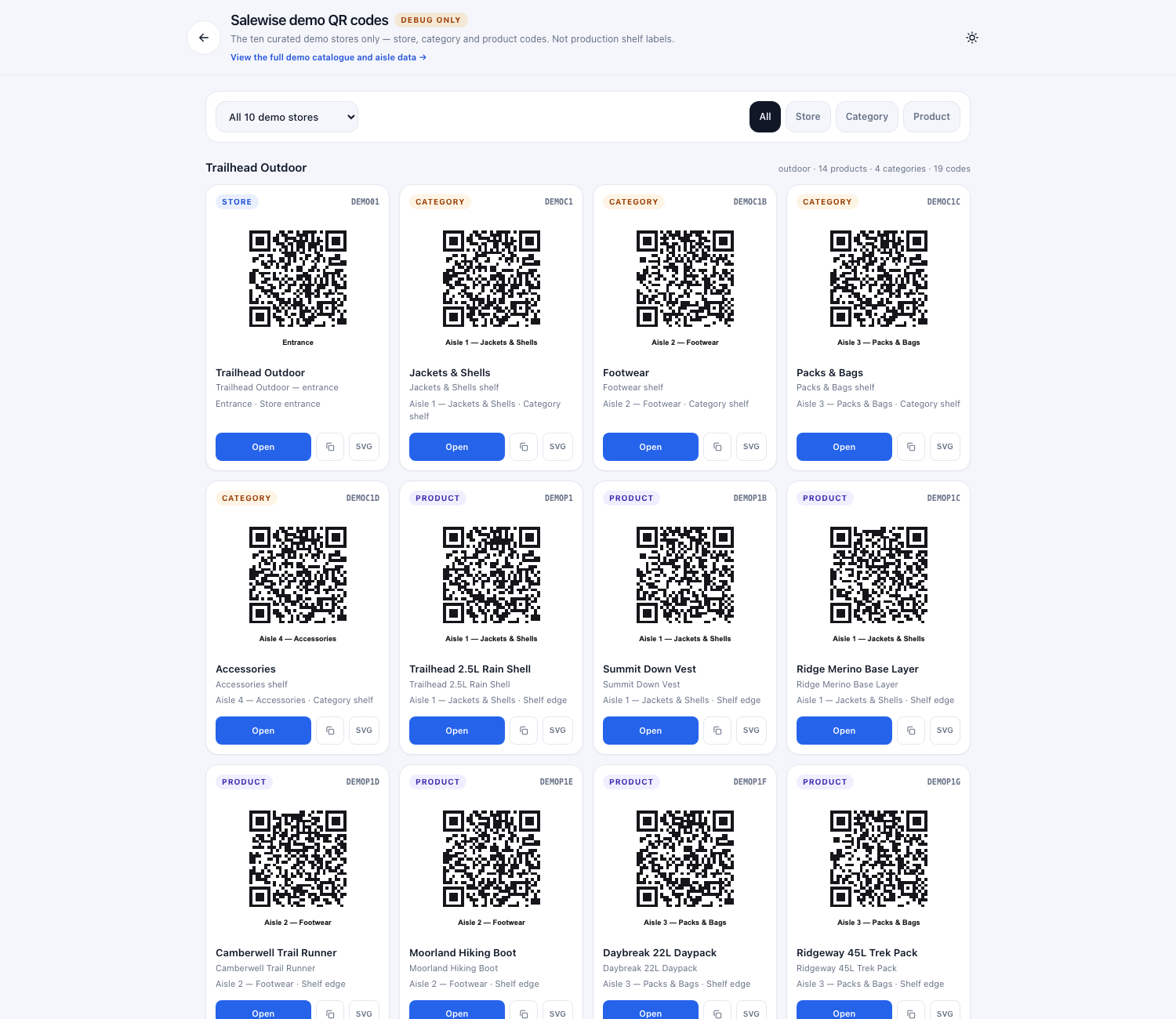 Salewise demo QR gallery screenshot showing printable store, category and product QR codes for the ten curated demo stores.
